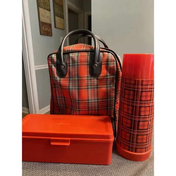 Thermos Other Vintage Aladdin Red Plaid Picnic Set Thermos